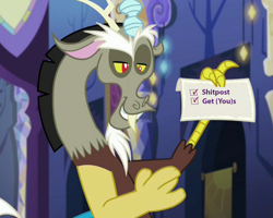 Size: 1313x1052 | Tagged: safe, edit, edited screencap, screencap, discord, dungeons and discords, /mlp/, 4chan, shitposting, solo, vulgar