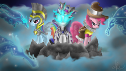 Size: 1920x1080 | Tagged: safe, artist:bronyontheway, chancellor puddinghead, commander hurricane, pinkie pie, princess platinum, rainbow dash, rarity, earth pony, pegasus, pony, unicorn, windigo, clothes, costume, ruff (clothing), trio