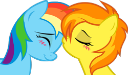 Size: 2437x1444 | Tagged: safe, artist:kennyklent, rainbow dash, spitfire, pegasus, pony, blushing, duo, eyes closed, female, forehead kiss, kissing, lesbian, loose hair, shipping, simple background, spitdash, transparent background