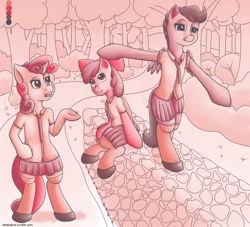 Size: 2536x2300 | Tagged: safe, artist:riscke, apple bloom, scootaloo, sweetie belle, pony, semi-anthro, bipedal, clothes, cutie mark crusaders, limited palette, lip bite, open mouth, pleated skirt, school uniform, schoolgirl, shirt, skirt, skirtaloo, socks, thigh highs, tongue out, zettai ryouiki