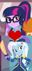 Size: 464x1014 | Tagged: safe, derpibooru import, edit, sci-twi, trixie, twilight sparkle, better together, equestria girls, street magic with trixie, female, lesbian, sci-twixie, shipping, shipping domino, twixie