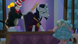 Size: 1024x576 | Tagged: safe, edit, edited screencap, screencap, chancellor neighsay, cozy glow, pegasus, pony, unicorn, school raze, female, filly, male, mike myers, shitposting, stallion, the cat in the hat, x kills neighsay