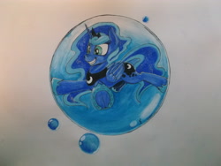 Size: 4288x3216 | Tagged: safe, artist:scribblepwn3, princess luna, alicorn, pony, bubble, pen drawing, solo, traditional art, watercolor painting