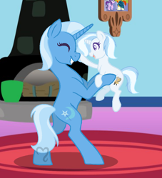 Size: 784x864 | Tagged: safe, artist:adelemlp, derpibooru import, trixie, oc, oc:debbie, pony, unicorn, base used, bipedal, boop, cute, diatrixes, eyes closed, female, filly, holding a pony, mare, mother and child, mother and daughter, ocbetes, offspring, parent and child, parent:double diamond, parent:trixie