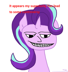 Size: 819x875 | Tagged: safe, artist:soctavia, starlight glimmer, pony, unicorn, coaxed into a snafu, downvote bait, female, meme, ponified, ponified meme, red text, shitposting, simple background, solo, white background