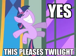 Size: 461x339 | Tagged: safe, derpibooru import, twilight sparkle, filly, happy, image macro, joy, this pleases meme