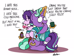 Size: 2186x1650 | Tagged: safe, artist:bobthedalek, firelight, starlight glimmer, pony, unicorn, bathrobe, caring for the sick, carrying, clothes, duo, empathy cocoa, father and child, father and daughter, fathers gonna father, female, grumpy, male, mare, medicine, messy mane, mug, pajamas, parent and child, red nosed, robe, shitposting, sick, simple background, spoon, stallion, unamused, white background