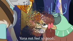 Size: 2560x1440 | Tagged: safe, edit, edited screencap, screencap, rockhoof, yona, pony, a rockhoof and a hard place, avengers: infinity war, disintegration, i don't feel so good, imminent death, implied death, meme, shitposting, thanos, thanos snap, yonabuse