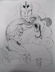 Size: 3154x4140 | Tagged: safe, artist:scribblepwn3, princess luna, oc, oc:midnight scribbler, alicorn, pony, unicorn, dream, monochrome, nightmare, pen drawing, sleeping, traditional art, wip