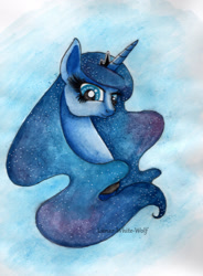 Size: 839x1143 | Tagged: safe, artist:lunar-white-wolf, princess luna, alicorn, pony, solo, traditional art, watercolor painting