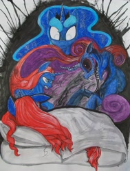 Size: 3152x4171 | Tagged: safe, artist:scribblepwn3, princess luna, tantabus, oc, oc:midnight scribbler, alicorn, pony, dream, ink, nightmare, nightmare fuel, sleeping, traditional art, watercolor painting