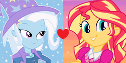 Size: 1280x640 | Tagged: safe, derpibooru import, edit, sunset shimmer, trixie, equestria girls, female, lesbian, shipping, shipping domino, suntrix