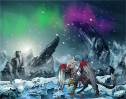 Size: 3750x2943 | Tagged: safe, artist:jesterpi, derpibooru import, oc, oc:gideon, griffon, armor, aurora, aurora borealis, blizzard, cave, chainmail, cloth, epic, grand, griffon oc, high quality, high res, hunt, ice, metal wing, mountain, on the hunt, paws, plushie, river, rock, shadow, snow, snowfall, splash, standing, sun, sword, talons, weapon