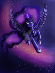 Size: 1024x1365 | Tagged: safe, artist:cissy-kitsune23, princess luna, alicorn, pony, flying, magic, smiling, solo, watermark