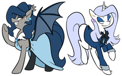 Size: 1038x649 | Tagged: safe, artist:egophiliac, oc, oc only, oc:platinum decree, oc:vibrant vision, bat pony, pony, unicorn, clothes, competition, dress, duo, earring, elegant, fabulous, fancy, female, fluffy, grin, looking at each other, mare, piercing, pose, ribbon, rivalry, simple background, socks, suit, sweatdrop, thigh highs, transparent background