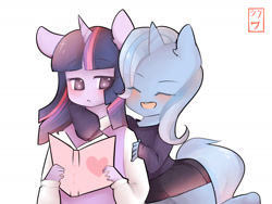 Size: 1280x960 | Tagged: safe, artist:ms-xana, derpibooru import, trixie, twilight sparkle, anthro, ambiguous facial structure, blushing, book, female, lesbian, shipping, twixie