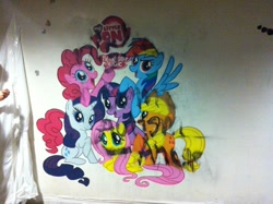 Size: 2592x1936 | Tagged: safe, derpibooru import, applejack, fluttershy, pinkie pie, rainbow dash, rarity, twilight sparkle, earth pony, pegasus, pony, unicorn, graffiti, mane six, mane six opening poses, mural, painting, photo, unreadable text, vandalism