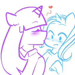 Size: 1024x1024 | Tagged: safe, artist:ms-xana, derpibooru import, trixie, twilight sparkle, anthro, blushing, female, heart, kissing, lesbian, shipping, sketch, twixie