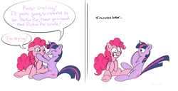 Size: 2303x1176 | Tagged: safe, artist:conicer, derpibooru import, pinkie pie, twilight sparkle, earth pony, pony, body swap, comic, eyes closed, fanfic, grin, simple background, smiling, speech bubble