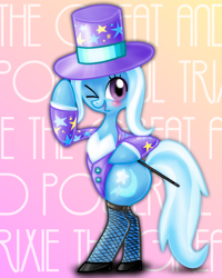 Size: 512x640 | Tagged: safe, artist:remyroez, derpibooru import, trixie, pony, bipedal, blushing, fishnet stockings, wink