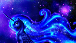 Size: 2210x1258 | Tagged: safe, artist:silverwolf866, princess luna, alicorn, pony, beautiful, curved horn, dat mane, eyeshadow, lidded eyes, long horn, looking at you, looking back, makeup, missing accessory, nebula, sitting, smiling, solo, space, starry mane, stars, wing fluff