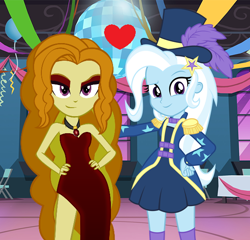 Size: 586x562 | Tagged: safe, artist:themexicanpunisher, derpibooru import, adagio dazzle, trixie, better together, equestria girls, street magic with trixie, clothes, dress, female, lesbian, shipping, side slit, triagio