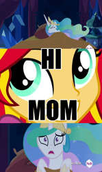 Size: 612x1024 | Tagged: safe, screencap, princess celestia, sunset shimmer, better together, equestria girls, forgotten friendship, rainbow rocks, twilight's kingdom, all new, bed, celestia's nightmare, exploitable meme, hi anon, hub logo, it's coming right at us, it's happening, meme, momlestia, momlestia fuel, obtrusive text, scared, she knows, shitposting, smiling, text, the prodigal sunset, what has magic done