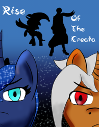 Size: 400x516 | Tagged: safe, princess luna, oc, oc:leady star, human, canon x oc, rise of the creata, shipping, title page