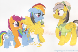 Size: 1632x1097 | Tagged: safe, artist:foxxy-arts, daring do, rainbow dash, scootaloo, pegasus, pony, dash and scootaloo's cycle of obsession, mouth hold, obsession, paint, paint on feathers, paint on fur, paintbrush, scootobsession, traditional art, trio