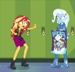 Size: 964x925 | Tagged: safe, derpibooru import, screencap, sunset shimmer, trixie, better together, equestria girls, forgotten friendship, cropped, geode of empathy, magical geodes, trixie's poster, written equestrian