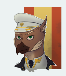 Size: 915x1050 | Tagged: safe, artist:callsign-echo, derpibooru import, oc, oc only, oc:alexander kemerskai, griffon, equestria at war mod, beak, bust, cap, clothes, flag, griffon oc, hat, male, necktie, portrait, solo