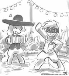 Size: 909x1000 | Tagged: safe, artist:johnjoseco, pinkie pie, rainbow dash, earth pony, pegasus, pony, accordion, accordion thief, costume, crossover, dancing, disco bandit, grayscale, hat, kingdom of loathing, mask, monochrome, musical instrument