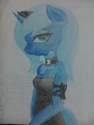 Size: 1024x1365 | Tagged: safe, artist:red-flareon, princess luna, anthro, clothes, dress, filly, s1 luna, solo, traditional art, wip, woona