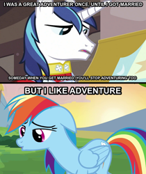 Size: 624x743 | Tagged: safe, rainbow dash, shining armor, pegasus, pony, unicorn, adventurer, arrow to the knee, marriage