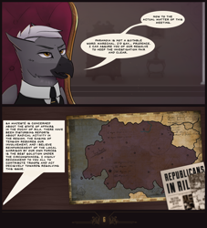 Size: 1200x1320 | Tagged: safe, artist:callsign-echo, derpibooru import, oc, oc only, griffon, comic:return of the republicans, equestria at war mod, clothes, comic, griffon oc, male, map, military uniform, newspaper