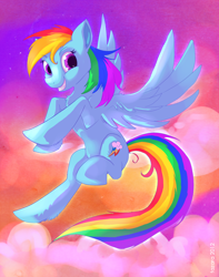 Size: 1250x1586 | Tagged: safe, artist:nitrogenet, rainbow dash, pegasus, pony, blue coat, blue wings, female, mare, multicolored mane, simple background, smiling, solo