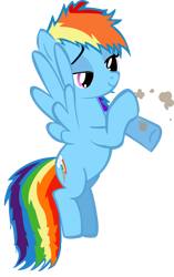 Size: 1274x2030 | Tagged: safe, artist:andreamlp, rainbow dash, pegasus, pony, blue coat, blue wings, dirty, female, mare, multicolored mane, simple background, smiling, solo