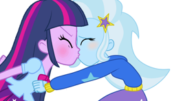 Size: 1076x634 | Tagged: safe, artist:kog, derpibooru import, edit, trixie, twilight sparkle, equestria girls, accidental kiss, female, kissing, lesbian, shipping, twixie