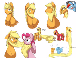 Size: 5100x3900 | Tagged: safe, artist:chub-wub, derpibooru import, apple bloom, applebuck, applejack, applejack (male), big macintosh, bubble berry, macareina, pinkie pie, rainbow blitz, rainbow dash, earth pony, pegasus, pony, absurd resolution, beard, electric razor, eyes closed, facial hair, impossibly large beard, male, missing accessory, question mark, rule 63, shitposting, simple background, stallion, unshorn fetlocks, white background