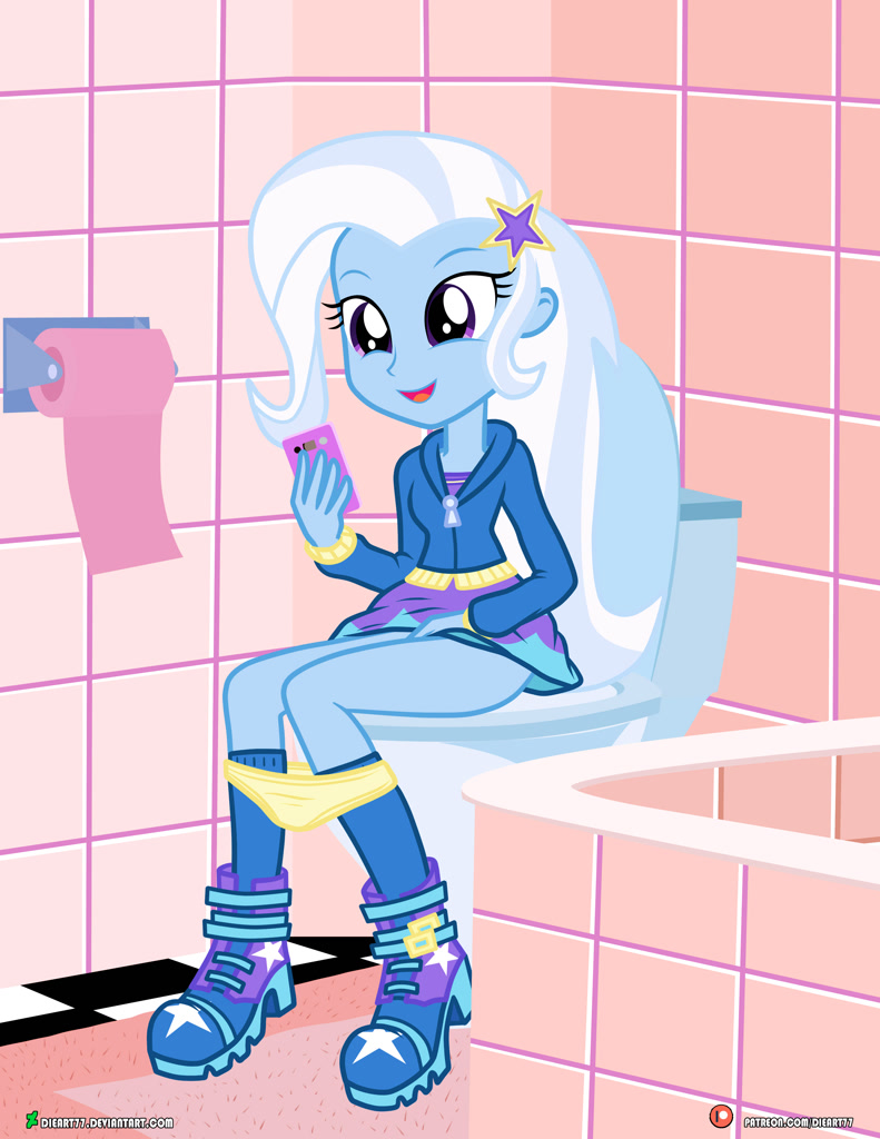 490280 - suggestive, artist:dieart77, derpibooru import, trixie, equestria  girls, bath, bathroom, bathtub, but why, clothes, female, panties, panties  around legs, panties pulled down, phone, potty time, skirt, solo, toilet,  underwear, yellow underwear -