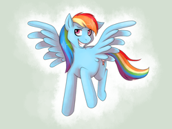 Size: 800x600 | Tagged: safe, artist:rosewhistle, rainbow dash, pegasus, pony, blue coat, blue wings, female, mare, multicolored mane, simple background, smiling, solo