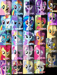 Size: 1448x1901 | Tagged: safe, artist:tehjadeh, derpibooru import, apple bloom, applejack, babs seed, derpy hooves, dj pon-3, doctor whooves, dragon lord ember, fluttershy, pinkie pie, princess cadance, princess celestia, princess ember, rainbow dash, scootaloo, starlight glimmer, sweetie belle, trixie, twilight sparkle, vinyl scratch, zecora, oc, alicorn, earth pony, pegasus, pony, unicorn, cutie mark crusaders, dark, two sided posters