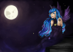 Size: 1953x1388 | Tagged: safe, artist:larynth, princess luna, human, clothes, dress, horned humanization, humanized, moon, night, solo, winged humanization