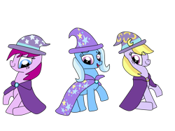 Size: 1024x765 | Tagged: safe, artist:dulcechica19, derpibooru import, fuchsia blush, lavender lace, trixie, pony, equestria girls, rainbow rocks, equestria girls ponified, female, ponified, trixie and the illusions