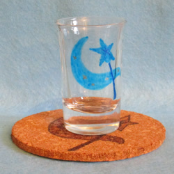 Size: 928x928 | Tagged: safe, artist:malte279, derpibooru import, trixie, coaster, cork, craft, cutie mark, glass, glass painting, pyrography, shot glass, traditional art