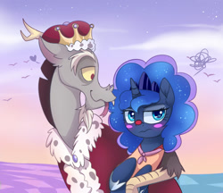 Size: 1024x886 | Tagged: safe, artist:elementalokami, discord, princess luna, alicorn, draconequus, pony, the cutie re-mark, alternate timeline, blush sticker, blushing, cape, chaotic timeline, clothes, clown, clown luna, crown, discorded landscape, embarrassed, female, heart, king discord, lunacord, male, mare, shipping, straight, tongue out