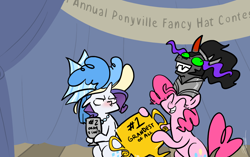 Size: 1200x752 | Tagged: safe, artist:egophiliac, king sombra, pinkie pie, rarity, earth pony, pony, unicorn, spoiler:s03, contest, derp, female, hat, king sombrero, male, mare, pun, season 3 villain, sombrero, stallion, visual pun, woonoggles