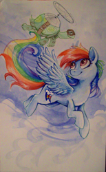 Size: 1699x2764 | Tagged: safe, artist:sharpie91, rainbow dash, tank, pegasus, pony, female, mare, traditional art, wings