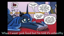 Size: 2001x1125 | Tagged: safe, kibitz, princess luna, tiberius, alicorn, pony, spoiler:comic, cake, food, puppy dog eyes