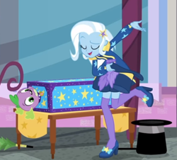 Size: 540x489 | Tagged: safe, derpibooru import, screencap, spike, spike the regular dog, trixie, dog, better together, equestria girls, street magic with trixie, clothes, female, hat, high heels, male, shoes, socks, stockings, thigh highs, top hat, zettai ryouiki